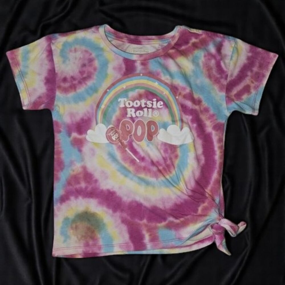 * TOOTSIE ROLL Short Sleeve Pink Tie Dye Tootsie Pop Top Girls Size 7-8 Side Tie
